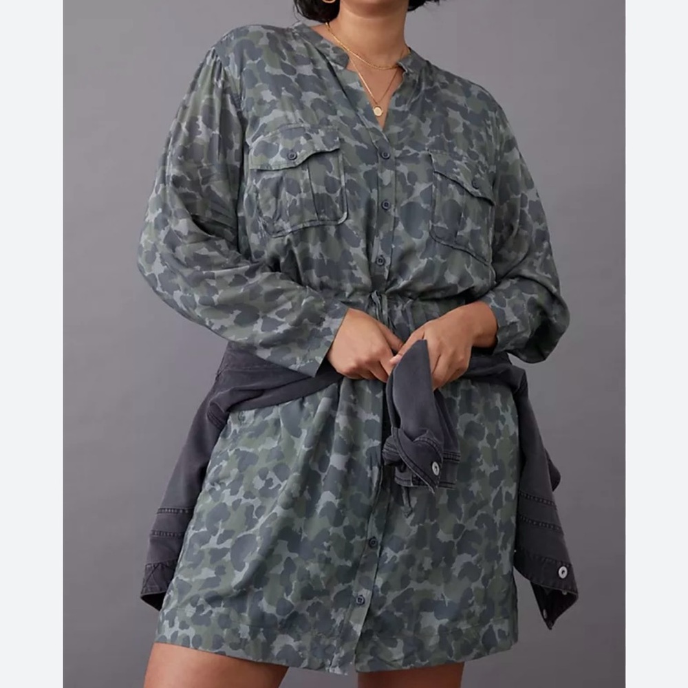 Anthropologie Cloth & Stone Nina Camo Mini Shirtdress Plus Sz 2X Green Grey